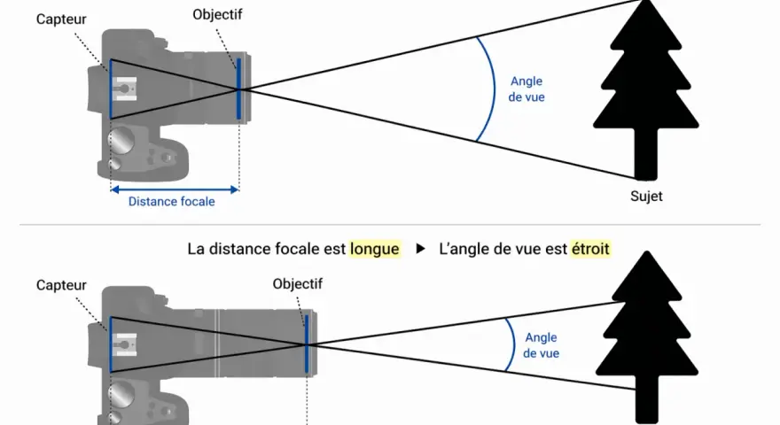 Comparaison de la distance focale et de l'angle de vue. Une courte distance focale donne un large angle de vue, tandis qu'une longue distance focale réduit l'angle de vue, un peu comme un crop factor.