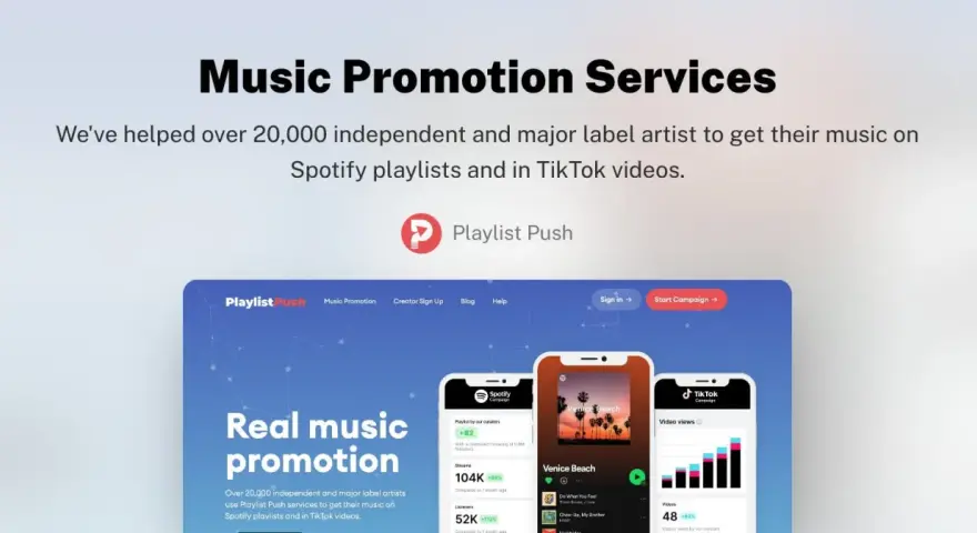 Playlist Push: Musikpromotion-Erfahrungen. Website zeigt, wie über 20.000 Künstler Musik auf Spotify & TikTok promoten.