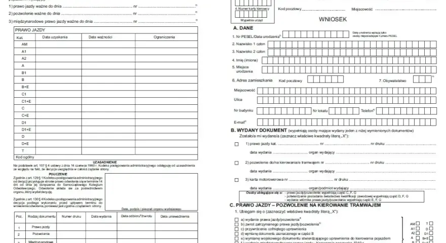 Fragment formularza wniosku o wydanie prawa jazdy z polami do wypełnienia, tabelą kategorii prawa jazdy i sekcją danych osobowych.