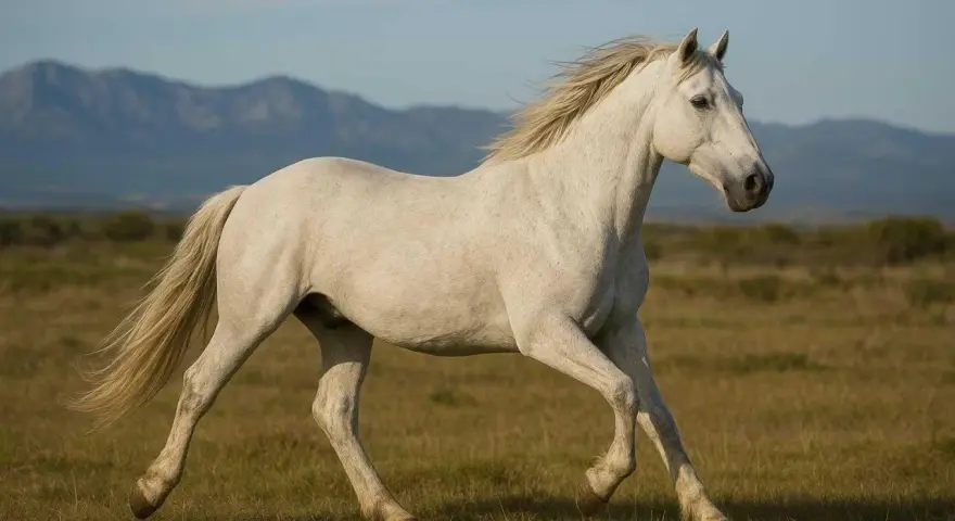 Un magnifique cheval Camargue blanc galope dans un pré herbeux, avec des montagnes bleues en arrière-plan.