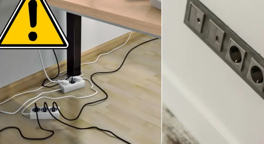 Ostrzeżenie przed bałaganem kabli pod biurkiem. Po prawej stronie widać estetyczną, nowoczesną instalację elektryczną.