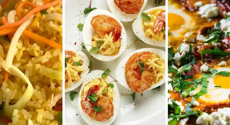 Drei Gerichte: gebratener Reis, gefüllte Eier mit Garnelen und Shakshuka. Tolle Eier Rezepte für jeden Anlass.
