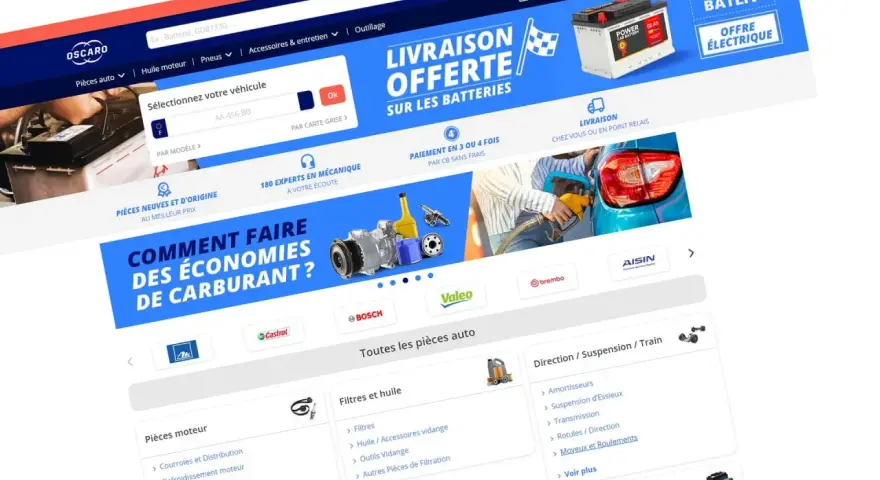 Page d'accueil Oscaro : recherche de pièces auto, livraison offerte sur les batteries, conseils d'experts.
