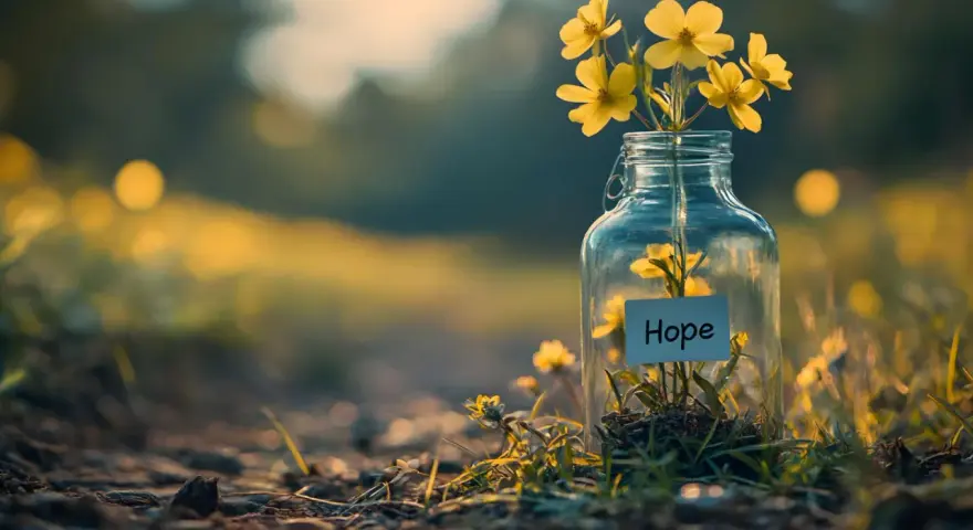 Gelbe Blumen in einem Glas mit dem Wort "Hope" darauf. Dies symbolisiert, was Advent bedeutet: Hoffnung und Licht in dunklen Zeiten.