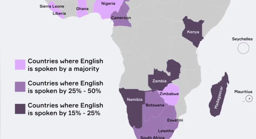 Mapa Afryki z zaznaczonymi krajami, gdzie angielski jest językiem urzędowym. Ghana jest jednym z nich.