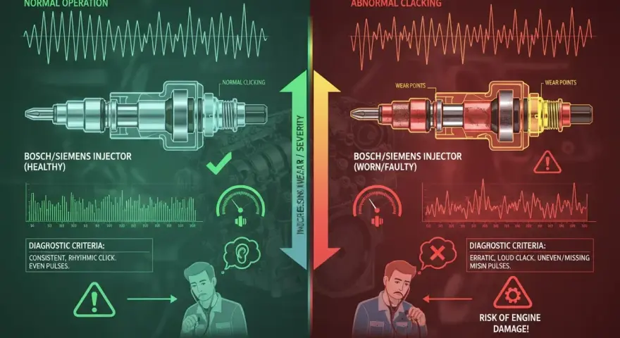 Vergleich von Bosch/Siemens Injektoren: gesunder Zustand mit normalem Klickgeräusch und defekter Zustand mit Symptomen wie unregelmäßigem, lautem Klacken.