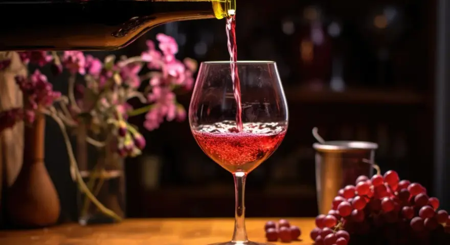 Czerwone, mocne wino z winogron nalewa się do kieliszka. Obok kiść winogron i kwiaty.