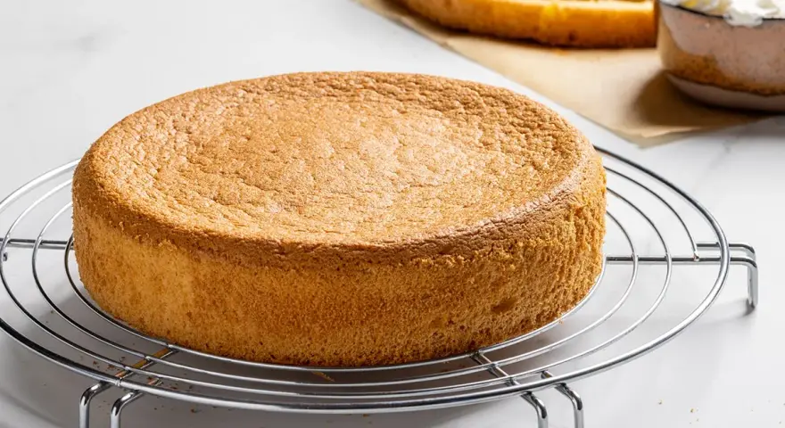 Un pan di spagna sofficissimo, dorato e invitante, pronto per essere farcito.
