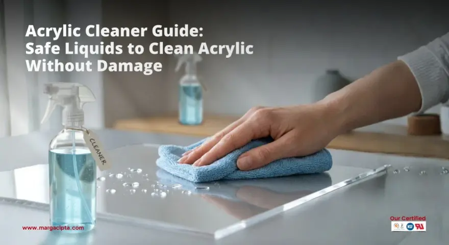 Learn how to clean acrylic safely with this guide. A hand wipes a clear acrylic surface with a blue cloth, next to a spray bottle labeled "CLEANER.