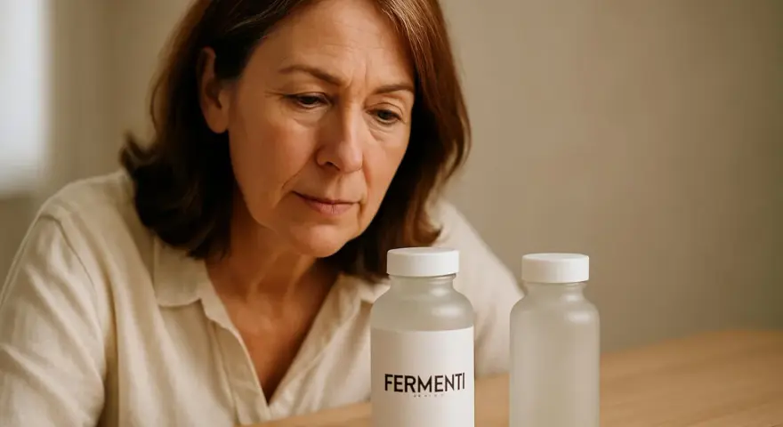 Donna guarda due flaconi di fermenti lattici, sperando che facciano andare in bagno.