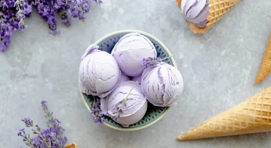 Schalen und Waffelkegel mit cremigem Lavendeleis, garniert mit frischen Lavendelzweigen.