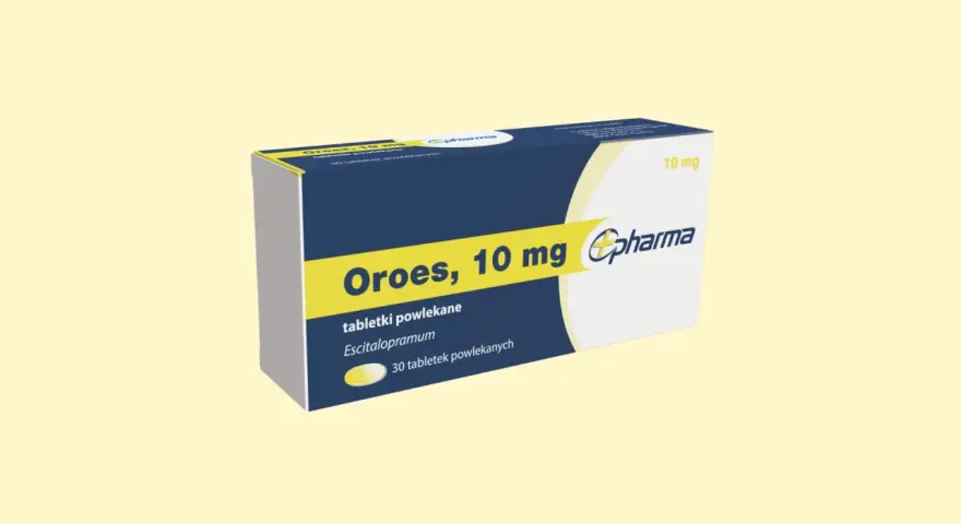Opakowanie leku Oroes, 10 mg, zawierające 30 tabletek powlekanych Escitalopramum.