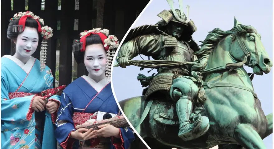 Due geishe in kimono e una statua di samurai a cavallo, immagini iconiche dei film giapponesi famosi.
