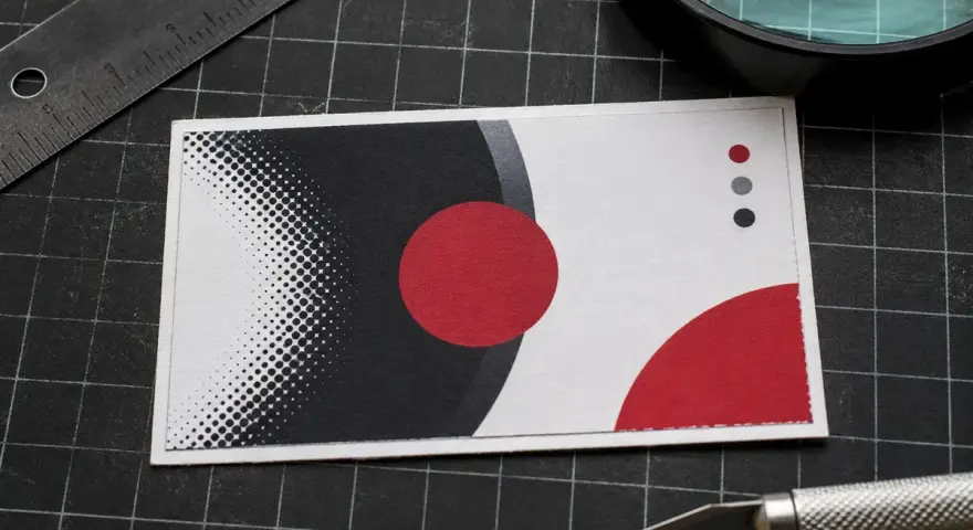 Tarjeta de presentación con diseño moderno en blanco, negro y rojo. Se aprecian círculos y puntos, con una regla y cúter cerca, sugiriendo la creación de distintos tamaños DIN.