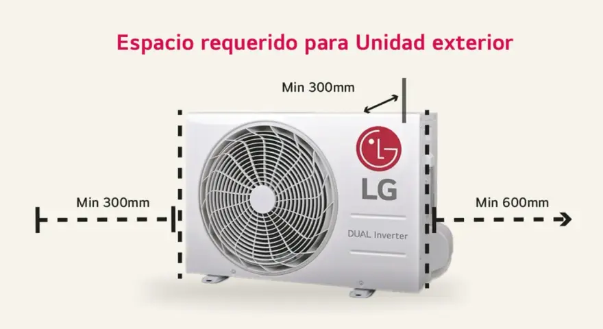 Unidad exterior de aire acondicionado LG con indicaciones de medidas: mínimo 300mm laterales y 600mm trasero.