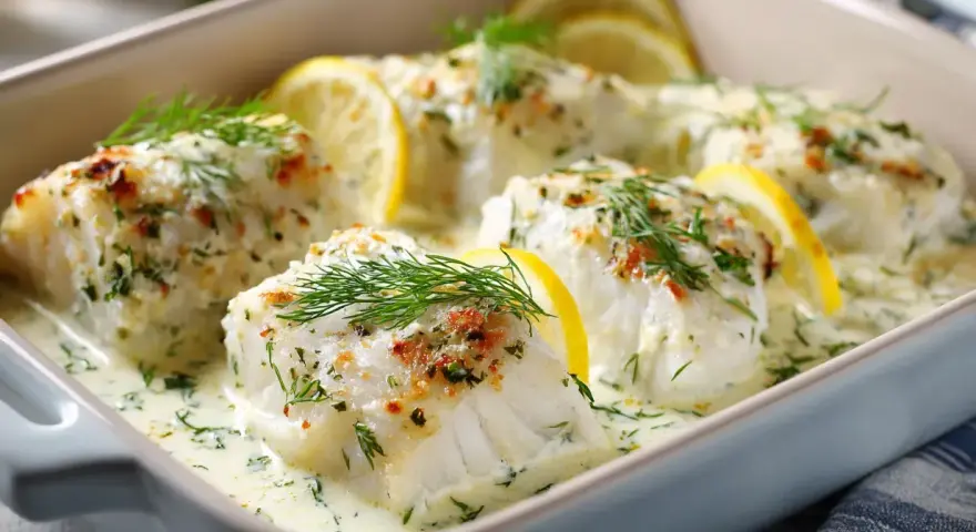 Ugnsbakad torsk i krämig sås med citron och dill. En härlig rätt som passar perfekt till middagen.