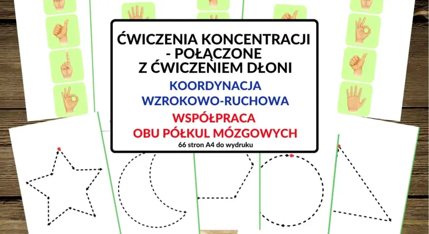 Zestaw darmowe ćwiczenia na koncentrację z obrazkami dłoni i kształtami do obrysowania.