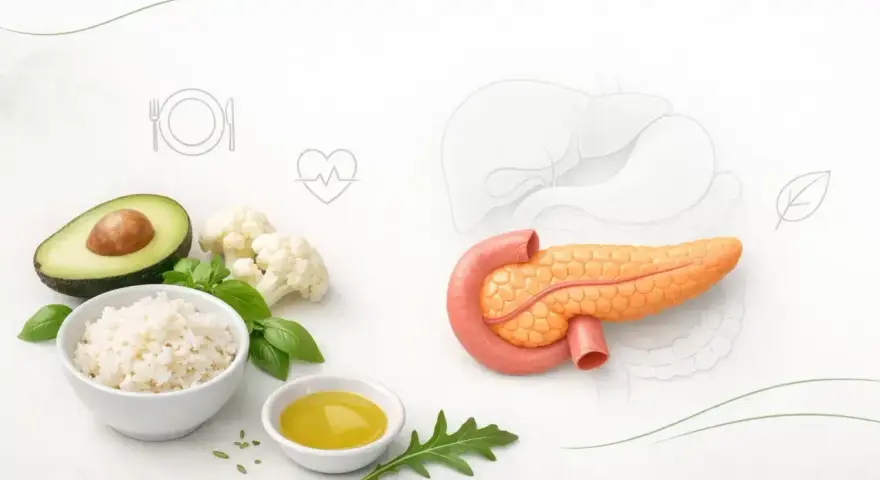 Zdrowe składniki jak ryż, awokado, kalafior i oliwa wspierają dietę trzustkową. Obok model trzustki i wątroby.
