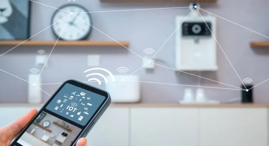 A hand holds a smartphone displaying an IoT interface, showing how you can control an IoT connected smart device remotely.