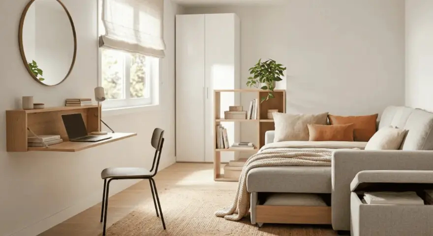 Habitación de invitados y estudio con escritorio plegable, sofá cama y estantería.