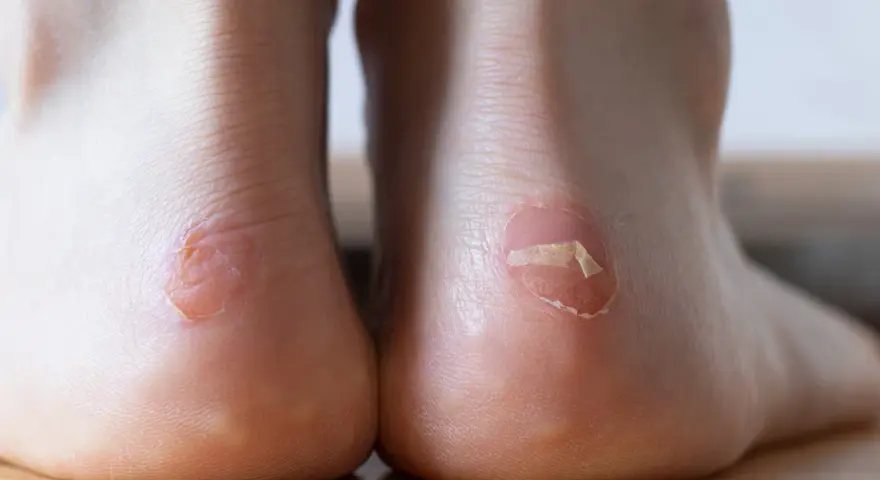 Ampoules douloureuses sur les talons. Faut il percer une ampoule ? La peau est irritée et décollée.