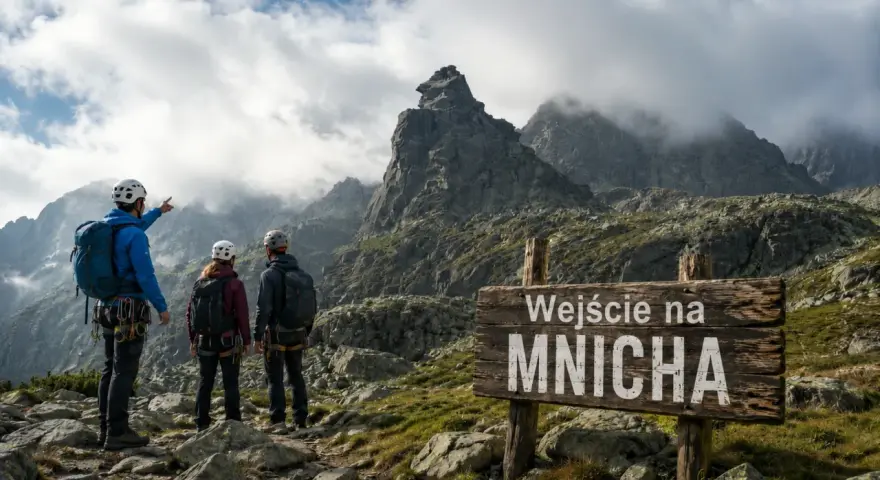 Trzech turystów w kaskach i z plecakami stoi przed znakiem "Wejście na Mnicha" w Tatrach.