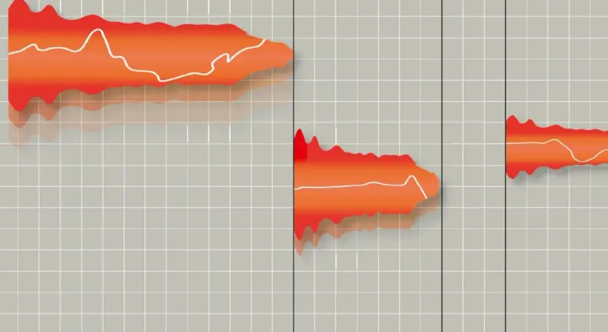 Pomarańczowe kształty z białymi liniami, przypominające zapis nutowy na piano roll, unoszą się nad szarą siatką.