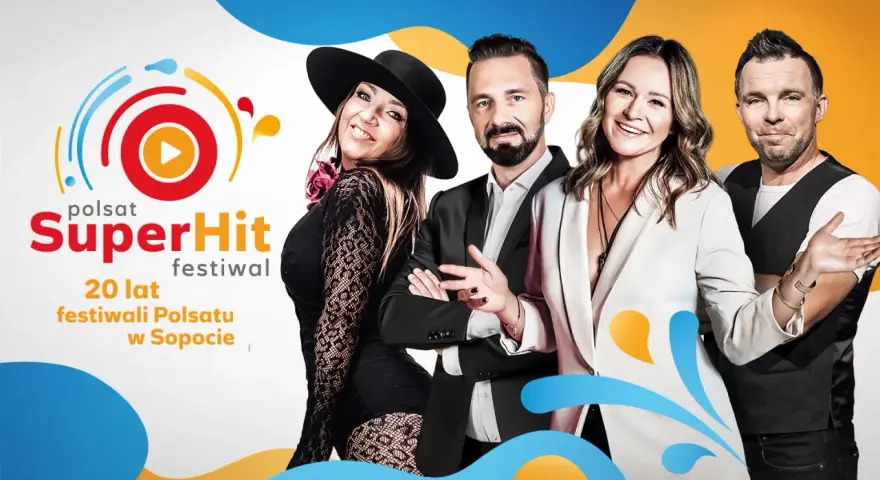Polsat SuperHit Festiwal: 20 lat festiwali Polsatu w Sopocie. Uśmiechnięci prowadzący i artystka w kapeluszu.