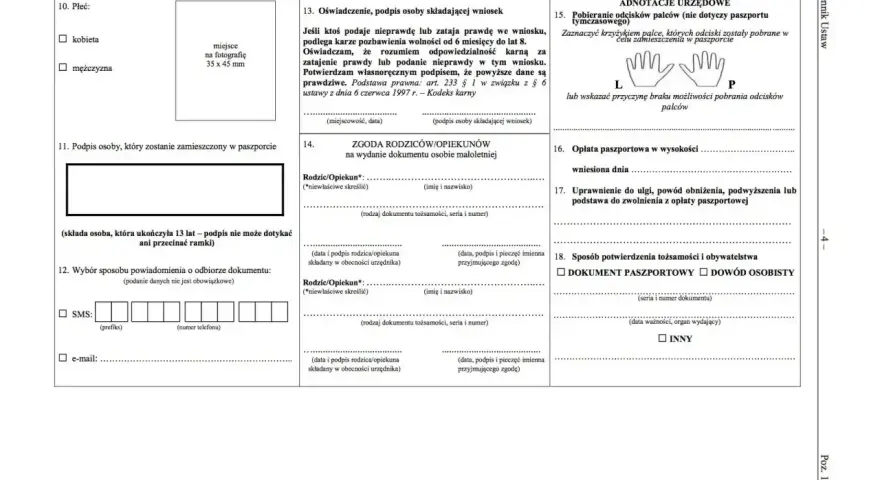 Formularz wniosku o paszport, zawiera pola do wypełnienia danych osobowych, podpisu, zgody rodziców i informacji o opłatach.