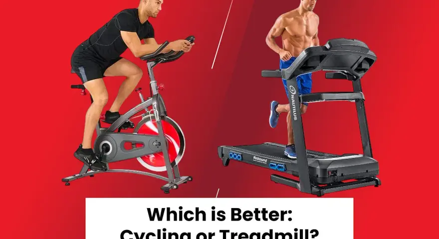 Man cycling on a stationary bike vs. man running on a treadmill. Which is better: cycling or treadmill?