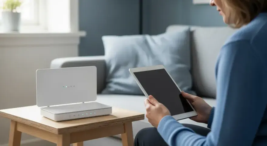 Kvinna med surfplatta bredvid en vit router som visar statuslampor. Hon kanske justerar wifi frekvens för bättre täckning.