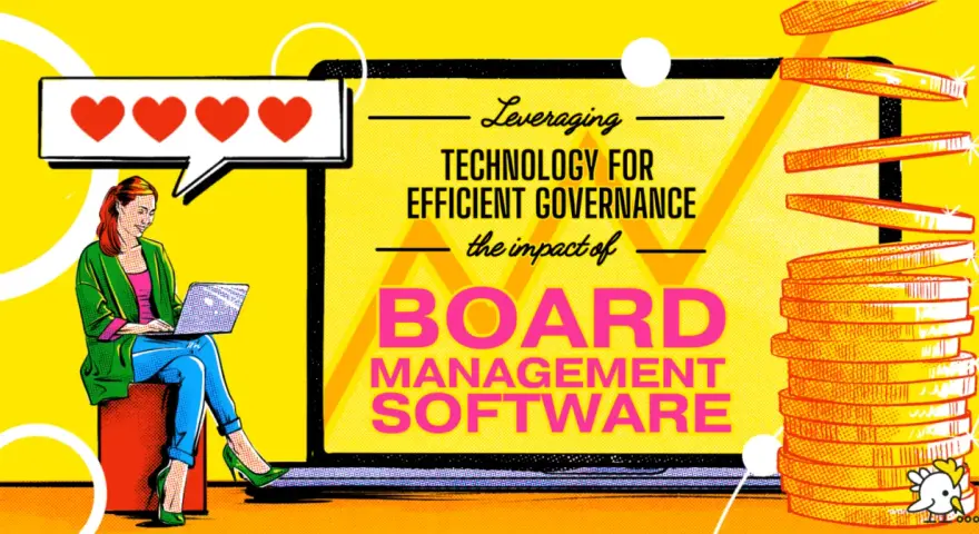 A woman uses board management software on her laptop, with hearts above her head and coins to the side, symbolizing efficient governance and success.