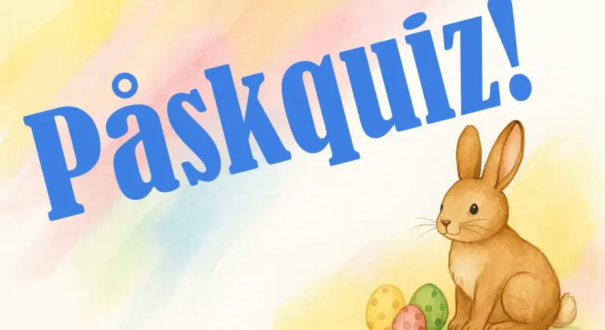 Påskquiz med en söt kanin och färgglada ägg. Perfekt för roliga frågor om påsk!