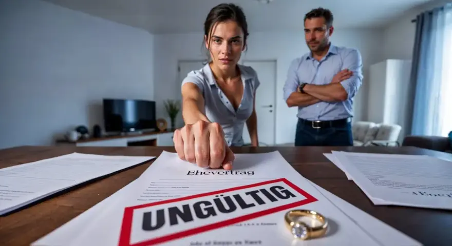 Frau schlägt auf ungültigen Ehevertrag. Verzicht auf Zugewinnausgleich ohne Notar? Ein Mann steht im Hintergrund.