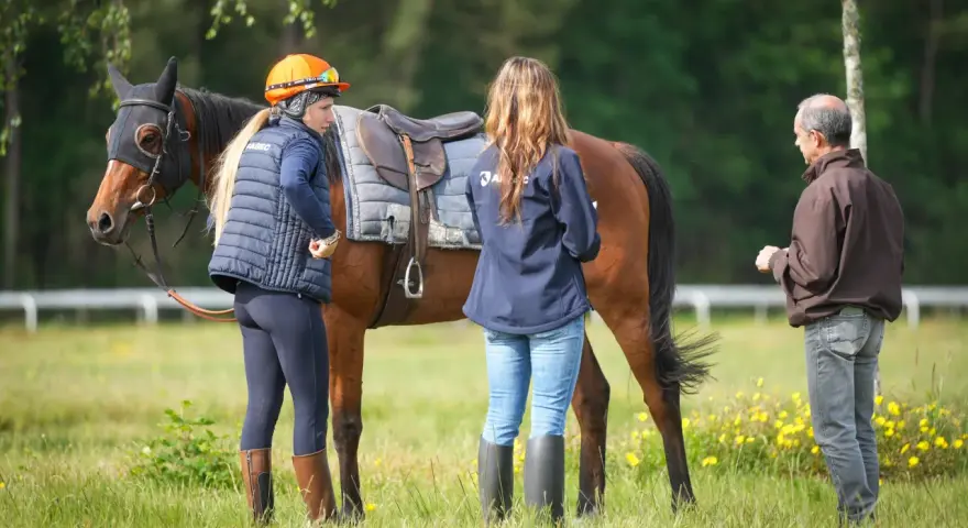 Une femme en tenue d'équitation discute avec un homme près d'un cheval sellé, lors d'une formation cheval pour adulte en extérieur.