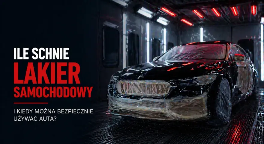 Czarny samochód w kabinie lakierniczej. Tekst: "Ile schnie lakier samochodowy i kiedy można bezpiecznie używać auta?".