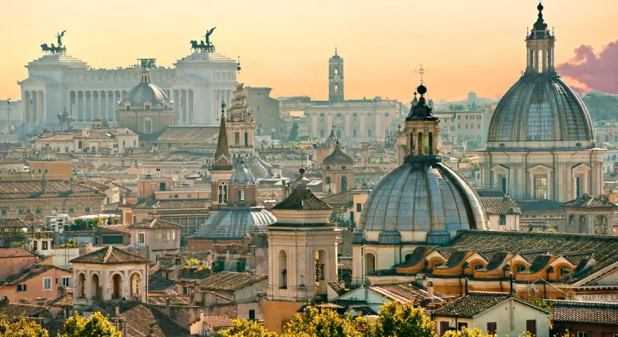 A breathtaking panorama of Rome's domes and rooftops at sunset, capturing the essence of Rome in one day.