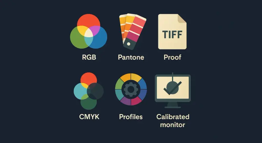 Ikony: RGB, Pantone, Proof, CMYK, Profiles, Calibrated monitor. Kluczowe dla jakości wydruku są ppi i dpi.