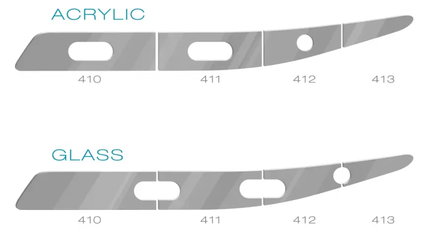Comparing acrylic and glass shapes, the acrylic pieces appear thinner, suggesting plexiglass is lighter than glass.