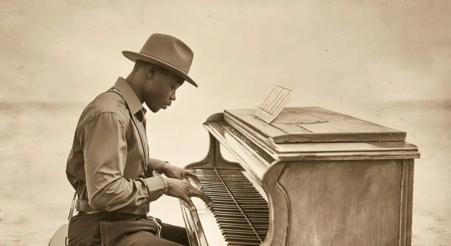 Ein Mann mit Hut spielt Klavier. Seine Finger tanzen über die Tasten, als würde er die Essenz von "was ist Jazz" einfangen.