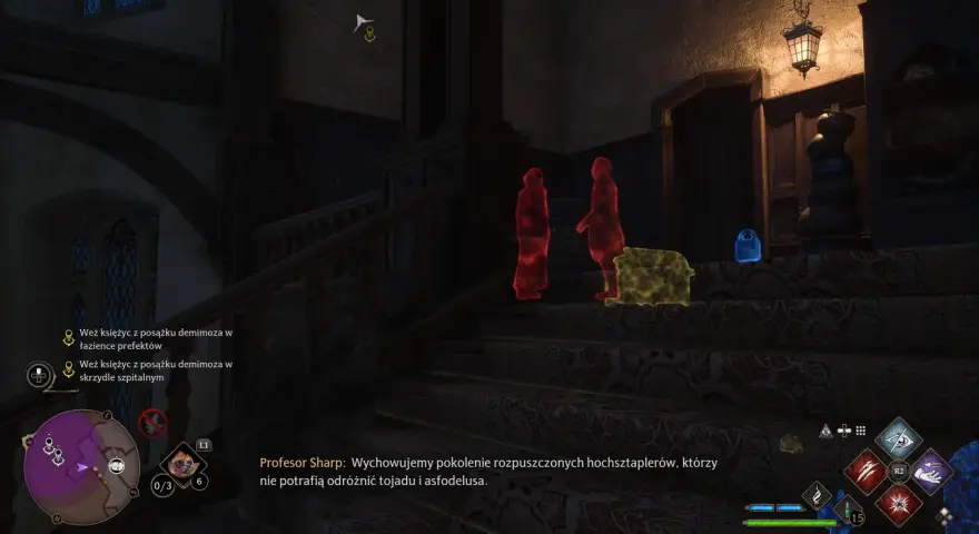 Hogwarts Legacy otwieranie zamków: dwaj widmowi prefekci stoją przy skrzyni, wskazując drogę do celu.