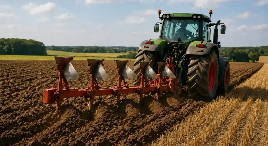 Zielony traktor z pługiem orze pole. Jaki pług do ciągnika 75km? Ten czteroskibowy radzi sobie świetnie.