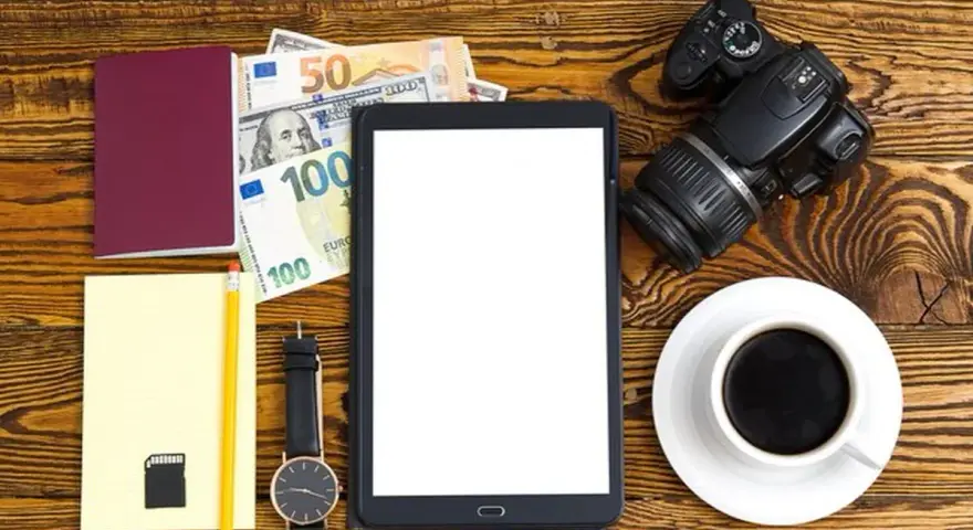 Planujesz podróż? Zastanawiasz się, ile kosztuje zdjęcie do dowodu u fotografa? Na zdjęciu paszport, pieniądze, aparat i tablet.