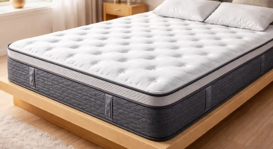 Un matelas neuf, blanc et gris, sur un sommier en bois. Parfait pour savoir si l'on peut dormir sur un matelas neuf sans attendre.
