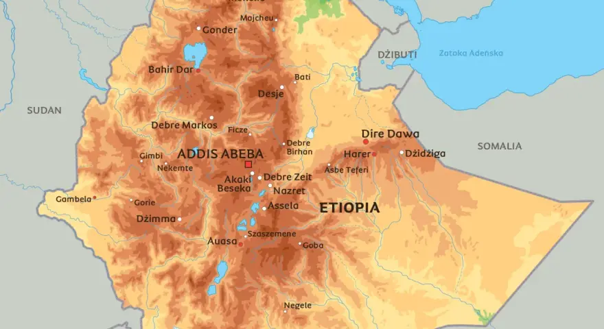 Mapa polityczna Etiopii, pokazująca jej położenie między Sudanem, Erytreą, Dżibuti, Somalią i Jemenem. Widoczne główne miasta i ukształtowanie terenu.