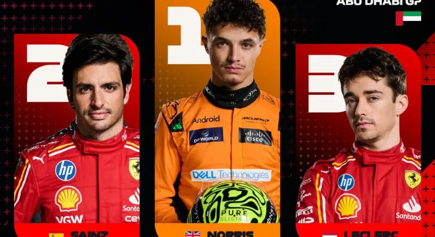Carlos Sainz, Lando Norris y Charles Leclerc, pilotos del GP Abu Dhabi 2024.