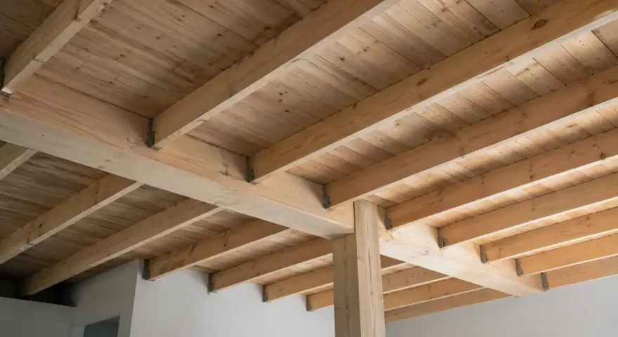 Widok na solidny dębowy strop z widocznymi belkami i deskami. Konstrukcja tworzy naturalny, ciepły klimat.