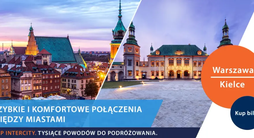Szybkie połączenie pociągiem z Warszawy do Kielc. Widok na zabytkowe budynki obu miast.