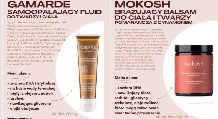 Gamarde i Mokosh: samoopalające fluidy i balsamy z dihydroxyacetone dla pięknej opalenizny.