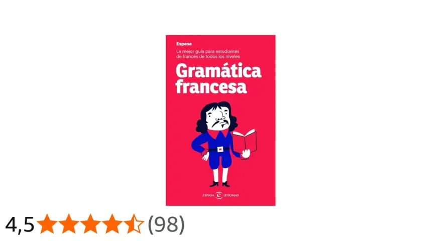 Libro "Gramática francesa" de Espasa, ideal para estudiar francés. Ilustración de un personaje leyendo un libro.